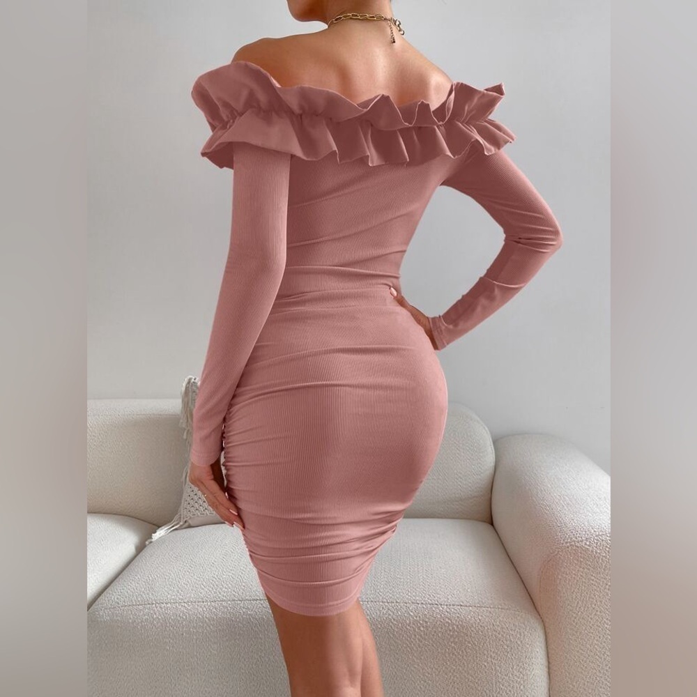 SHEIN Ribbed Off Shoulder Ruffle Ruched Bodycon Mini Dress Small - Picture 2 of 4